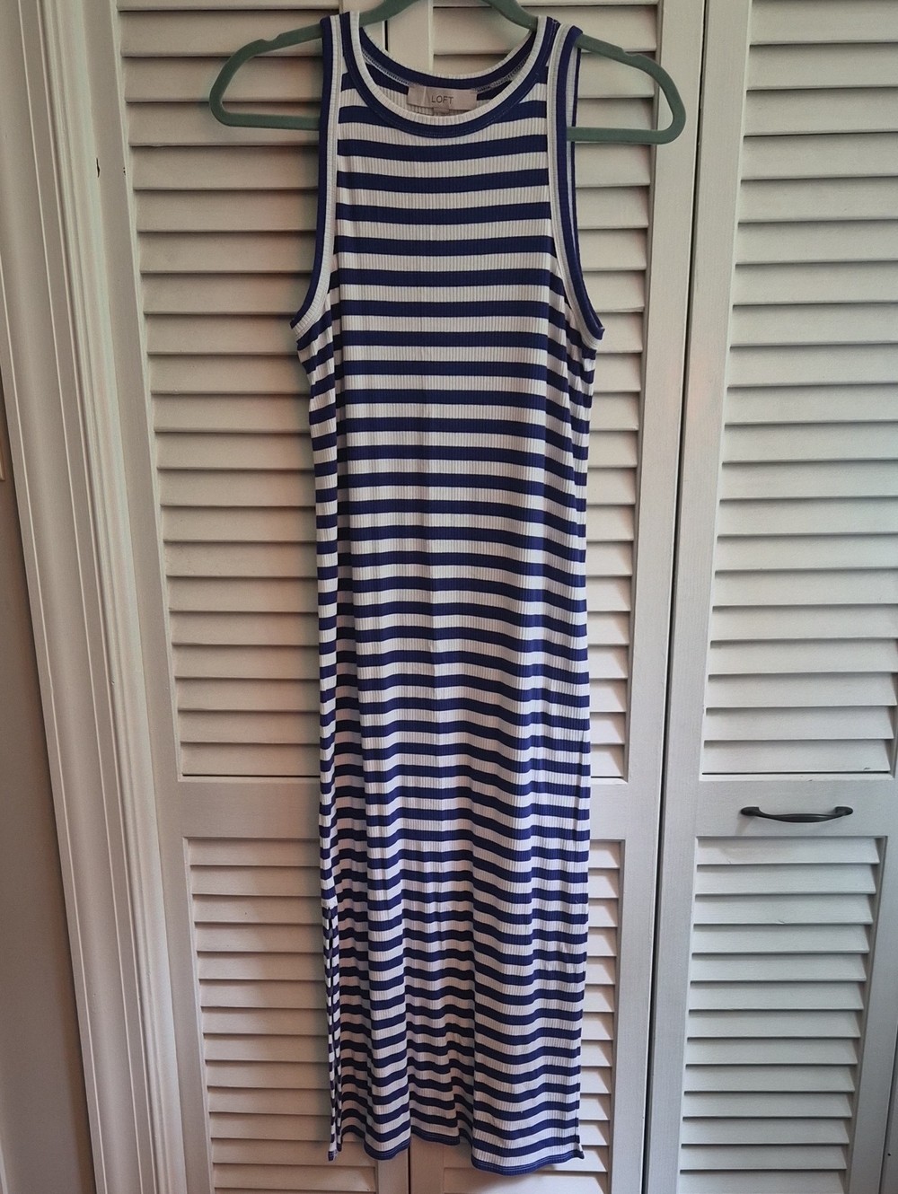 LOFT Navy and White Striped Ribbed Tank Maxi Dress